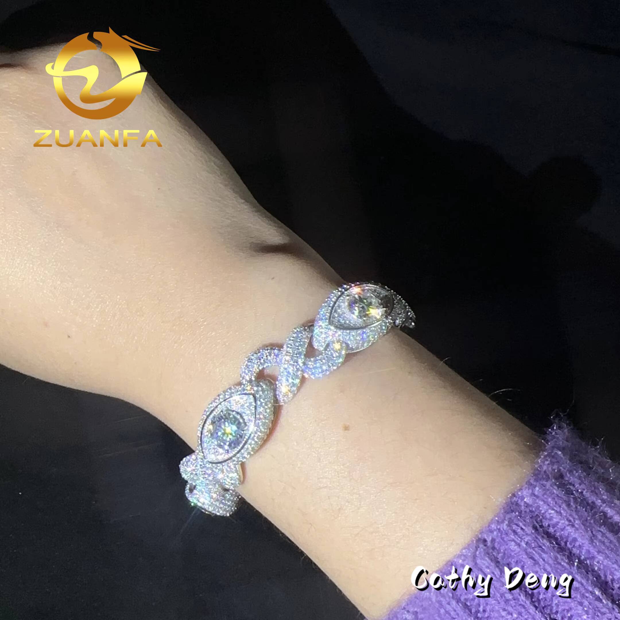 New Design 925 Sterling Silver 13mm Buss Down Evil Eyes VVS Moissanite Bracelet Men High Quality Hip Hop Cuban Bracelet