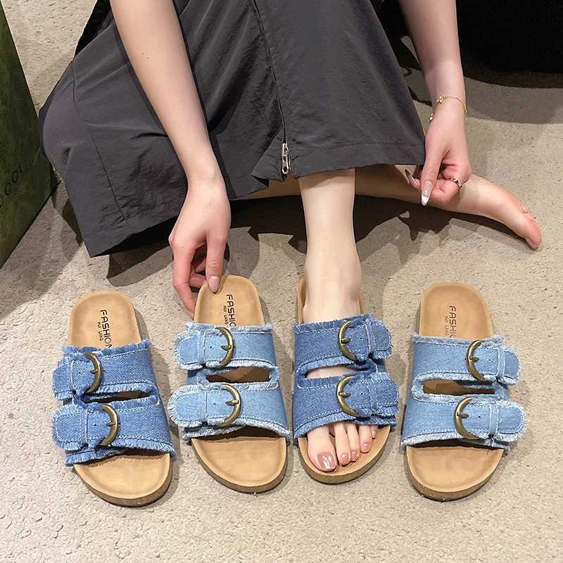 2025 New Summer Beach Cork Slippers Casual Double Buckle Nonslip Clogs Slides Women Slip on Flip Flop Shoe Denim Slipper Female W250905