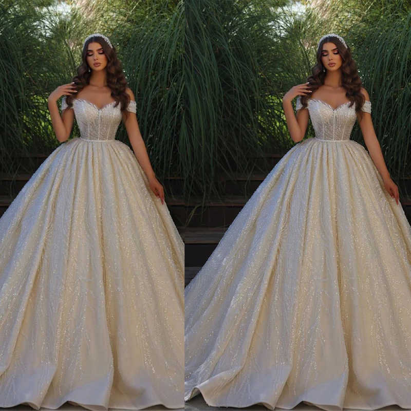 Customized Luxury Wedding Dress 2025 Backless Applique Bridal Gown Shiny Stain Embroidery Ball Gown Appliques Sleeves With Train