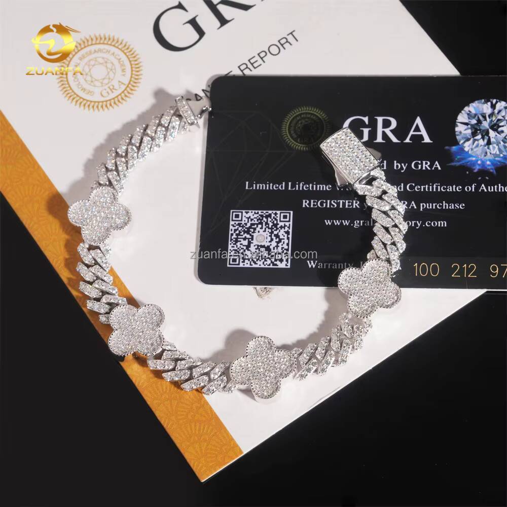 Bulk Stock Hot Selling Rapper Fashion Luxury Jewelry S925 Silver Iced Out Hip Hop Moissanite Clover Flower Cuban Bracelet