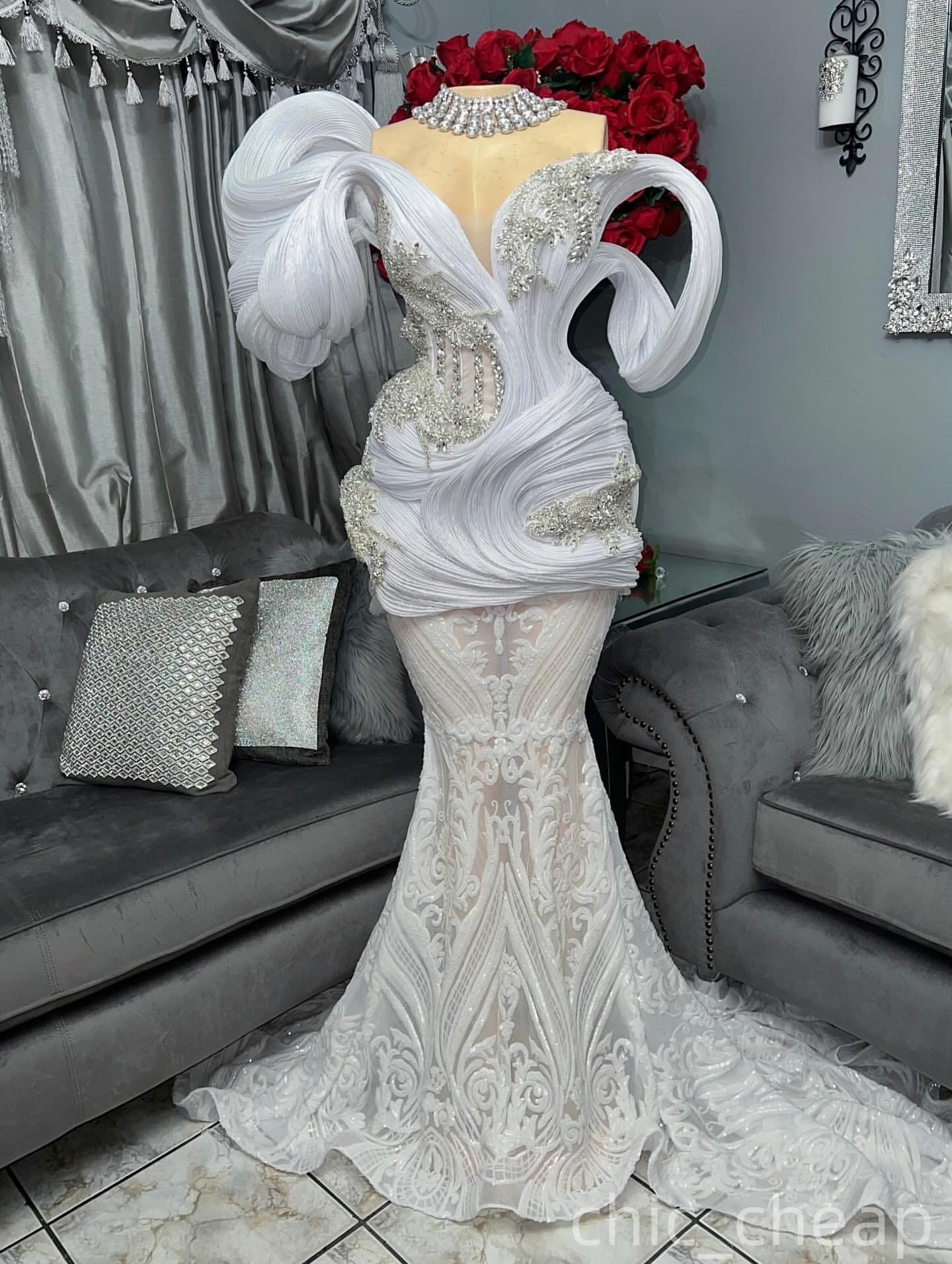 Aso Ebi Mermaid Ivory Prom Dresses 2025 Crystals Sequined Stylish Evening Formal Party Second Birthday Engagement Gowns Plus Size Dress For Special Oc