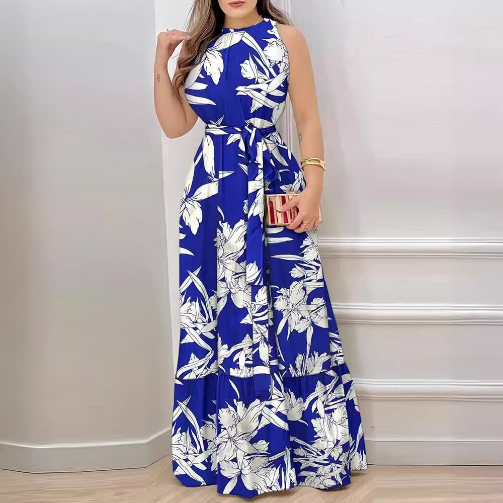 2025 Summer New Halter Tie Print Ruffle Dress for Women