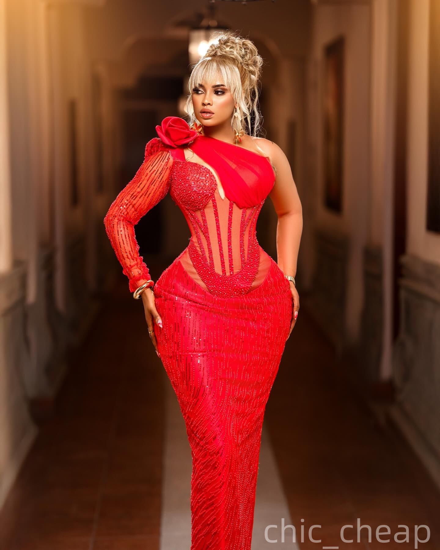 Aso Ebi Red Sheath Prom Dresses 2025 One Shoulder Flower Beaded Evening Formal Party Second Birthday Engagement Gowns Plus Size Dress For Special Occa