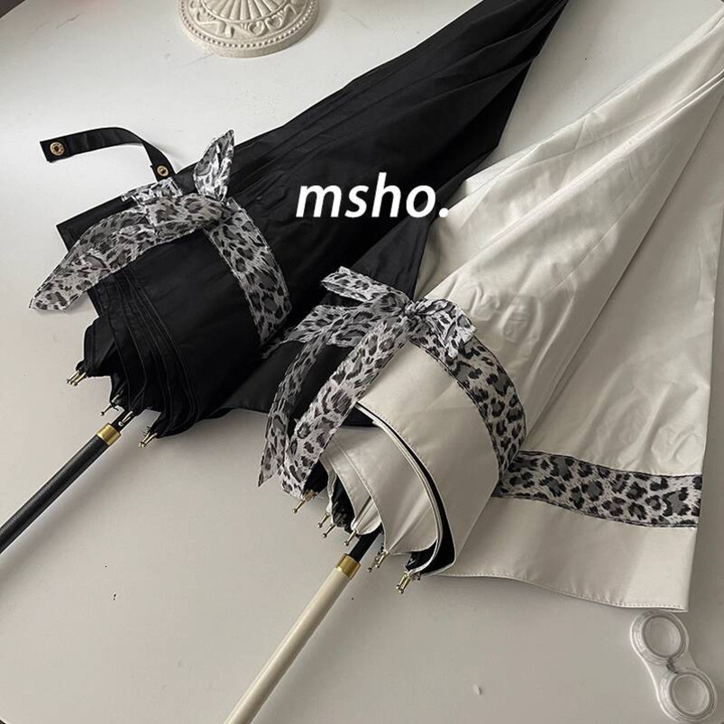 msho Leopard Print Bow Long Handle Women, Dual-use for and Rain, High Aesthetic Black Coating, Sun UV Protection, Sunshade Umbrella