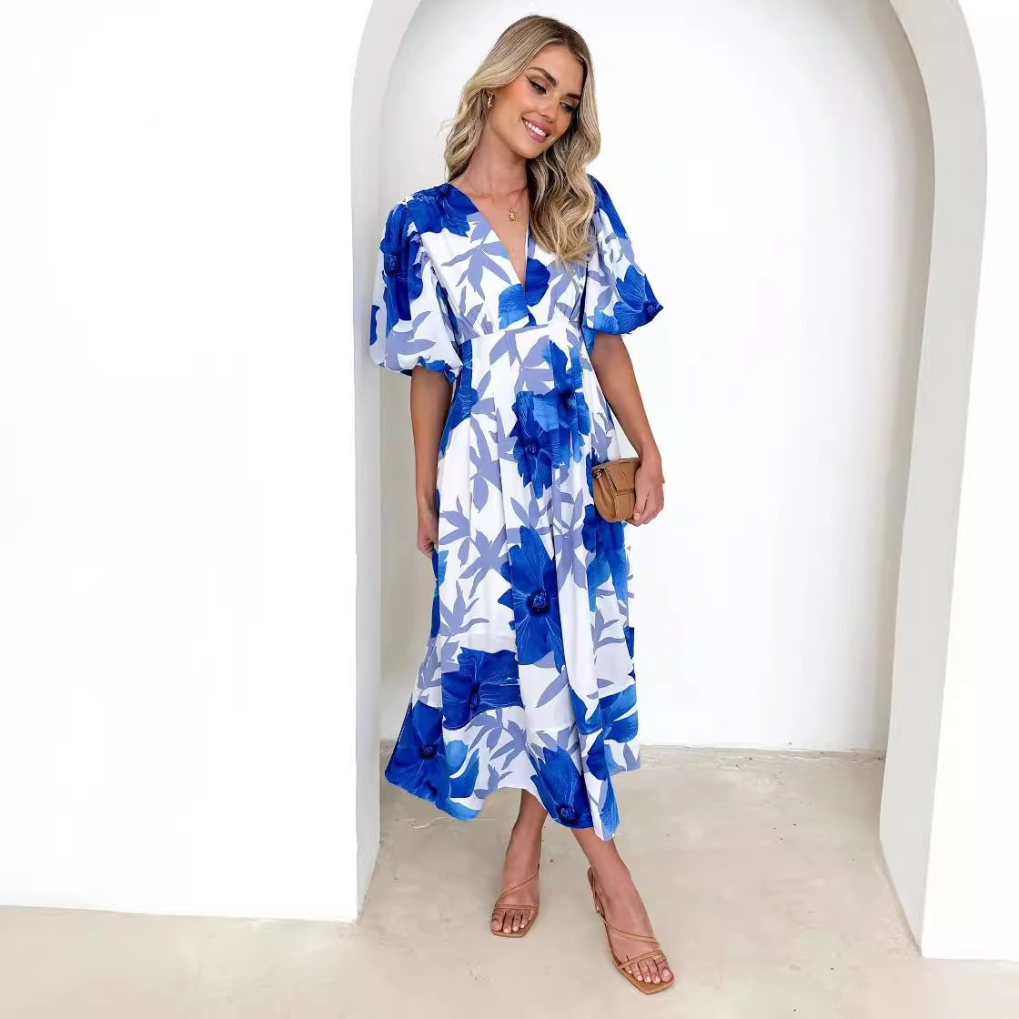 Womens Summer New Floral Print Puff Sleeve Aline Long Dress Elegant Dress