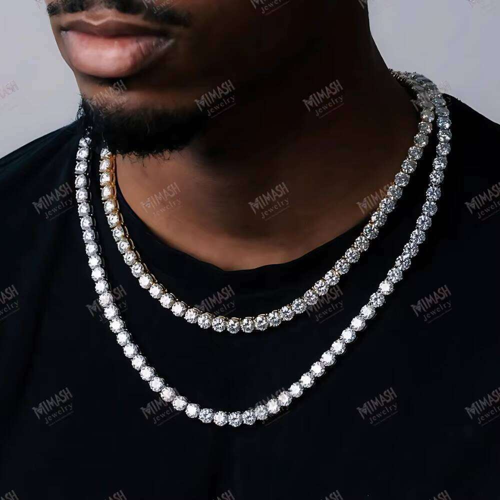 Double Row Moissanite Tennis Chain Necklace, Sparkling Round Cut Stones, Hip Hop Iced Out Jewelry for Men & Women