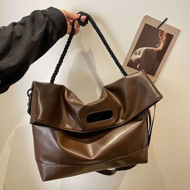 Minimalist Brown Soft Leather Commuter Tote With Western Design Crossbody 2024 Solid Color New Single Shoulder Bag For