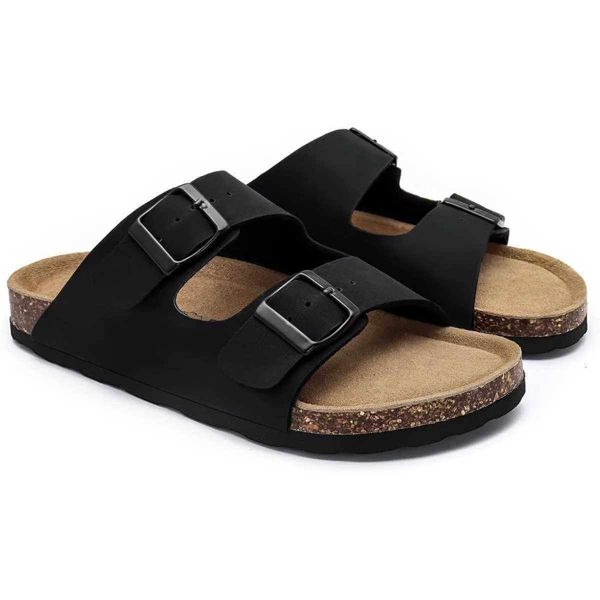 Womens Flat Sandals Cork Footbed Slide Sandals Arch Support Slip on Slides with Adjustable Buckle W250905