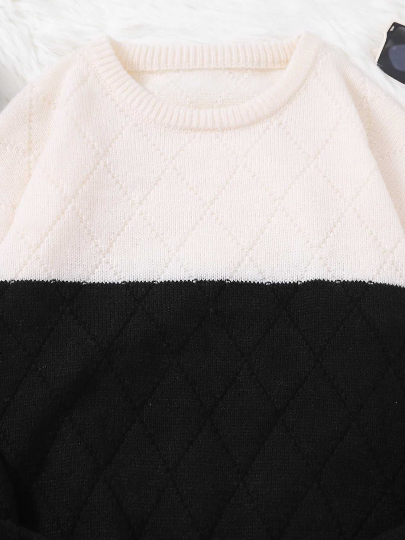 Contrast Color Plaid Pullover Sweater Casual Round Neck Contrast Color Knitted Mens Pullover Z250905