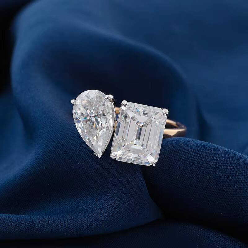 Double Stone Moissanite Ring 18K Yellow Gold Jewelry Ring Pear and Octangle Cut Moissanite Diamond Ring