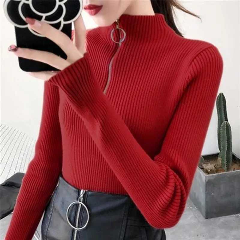 Knitted Women Zipper Half High Neck Sweater Pullovers Autumn Winter Basic Women Sweaters Slim Solid Knitwear Pull Femme Tops Z250905