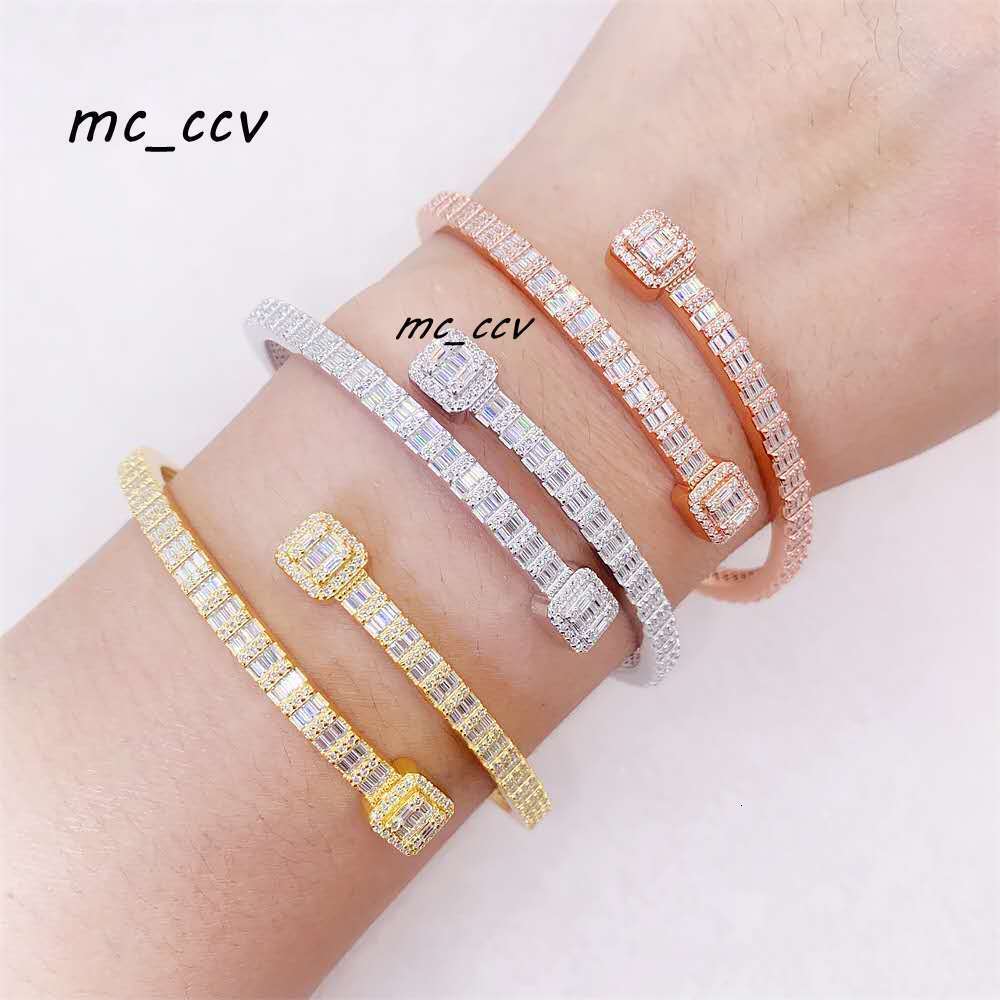 Hip Hop Style 925 Sterling Silver Iced VVS Baguette Moissanite T Square Diamond Cuban Link Bracelet Bangle Set for Women Men