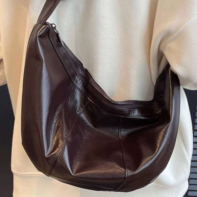 Women's Banana Crossbody Bag Aesthetic Coffee Lacquer Large Female Handbag Oil Wax Leather Lovers' Half Moon Shoulder Bags