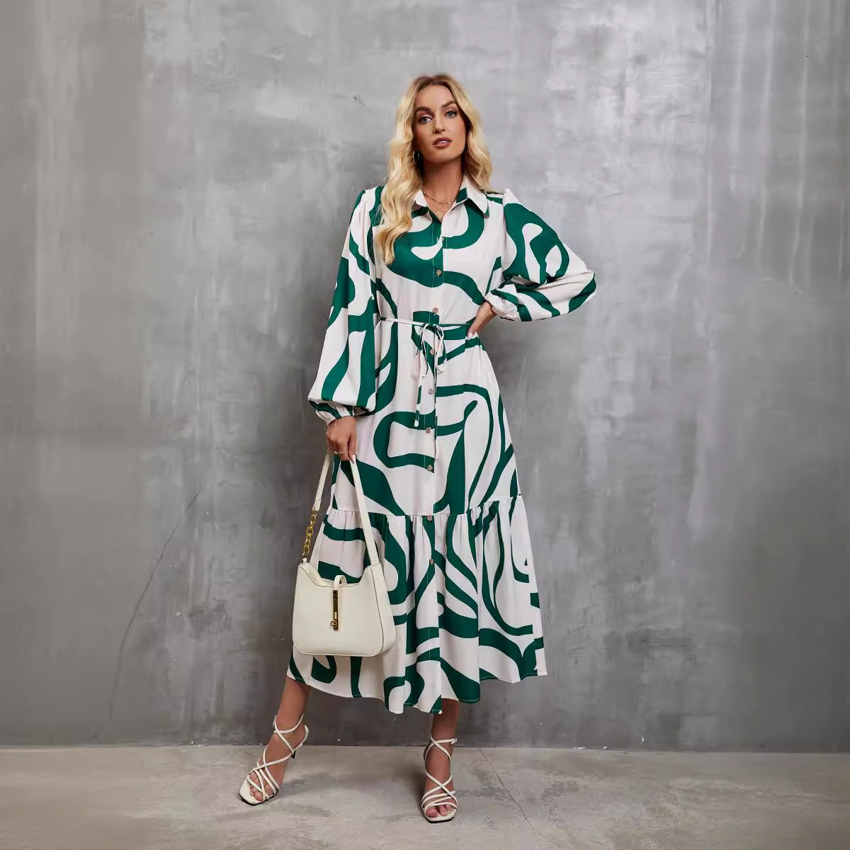 Womens Spring and Autumn Fashion Printed Casual Loose Laceup Shirt Dress