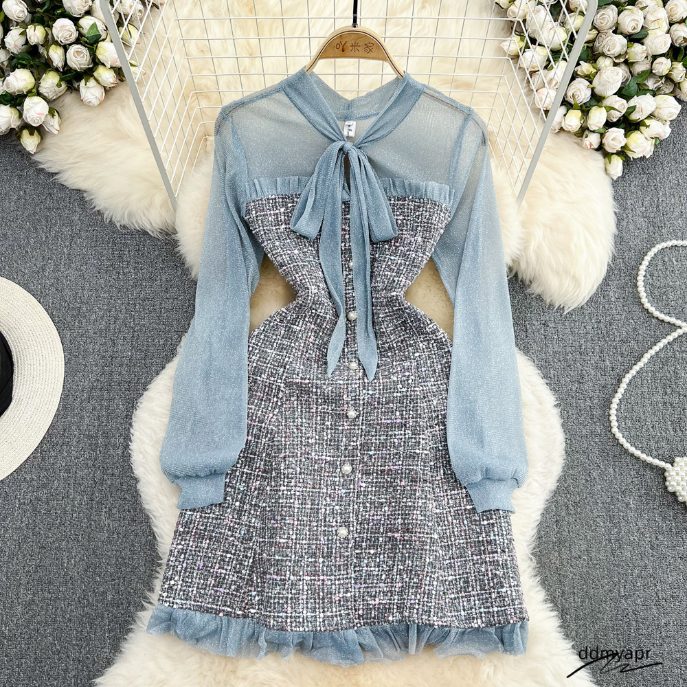 Casual Dresses Elegant Lady Small Fragrance Temperament Ribbon Bow Collar Soft Ruffle Patchwork Tweed ddmyday Plaid Woolen Buttons Autumn