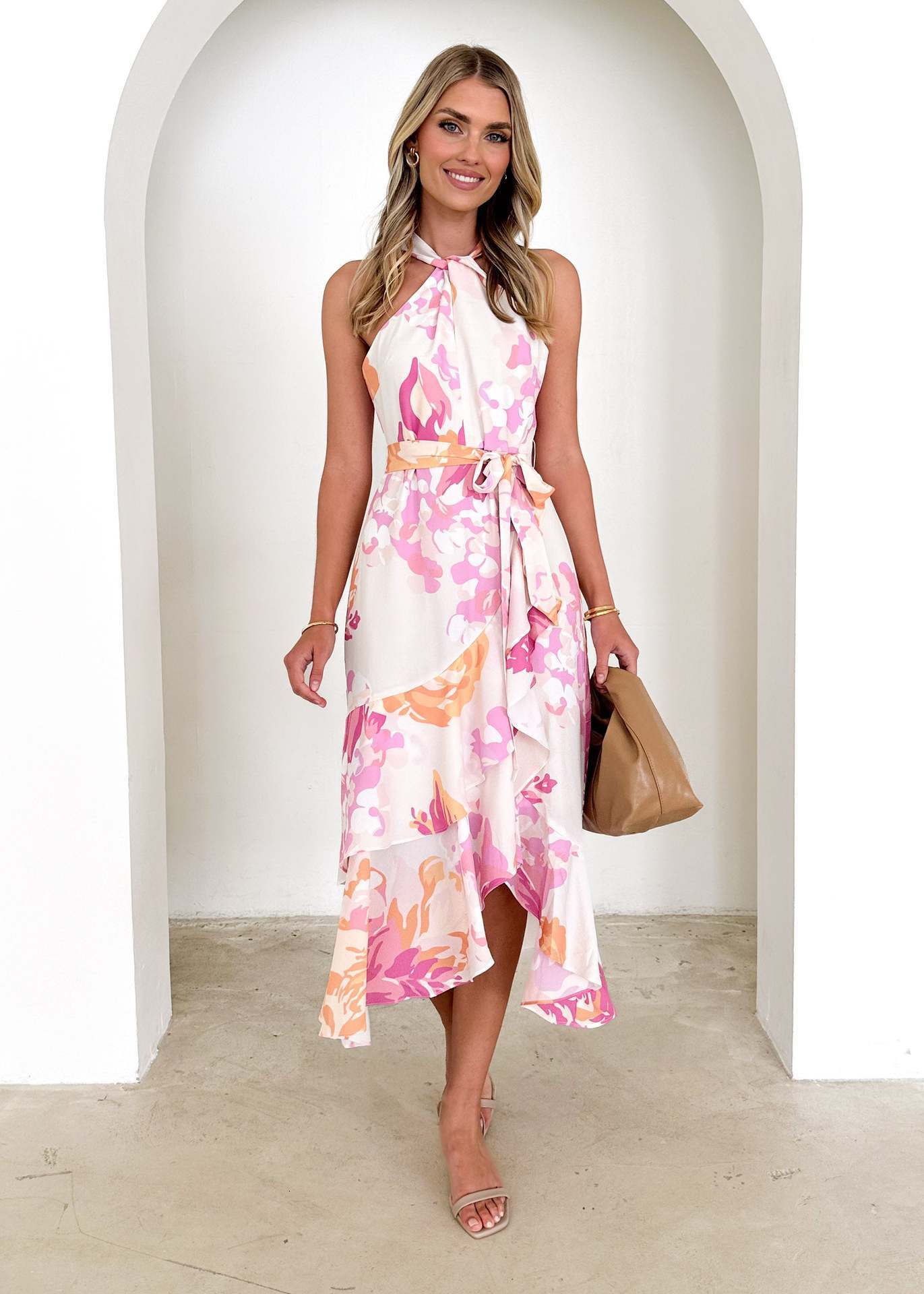 2025 SpringSummer New Printed Sleeveless Elegant Split Tie Dress for Women