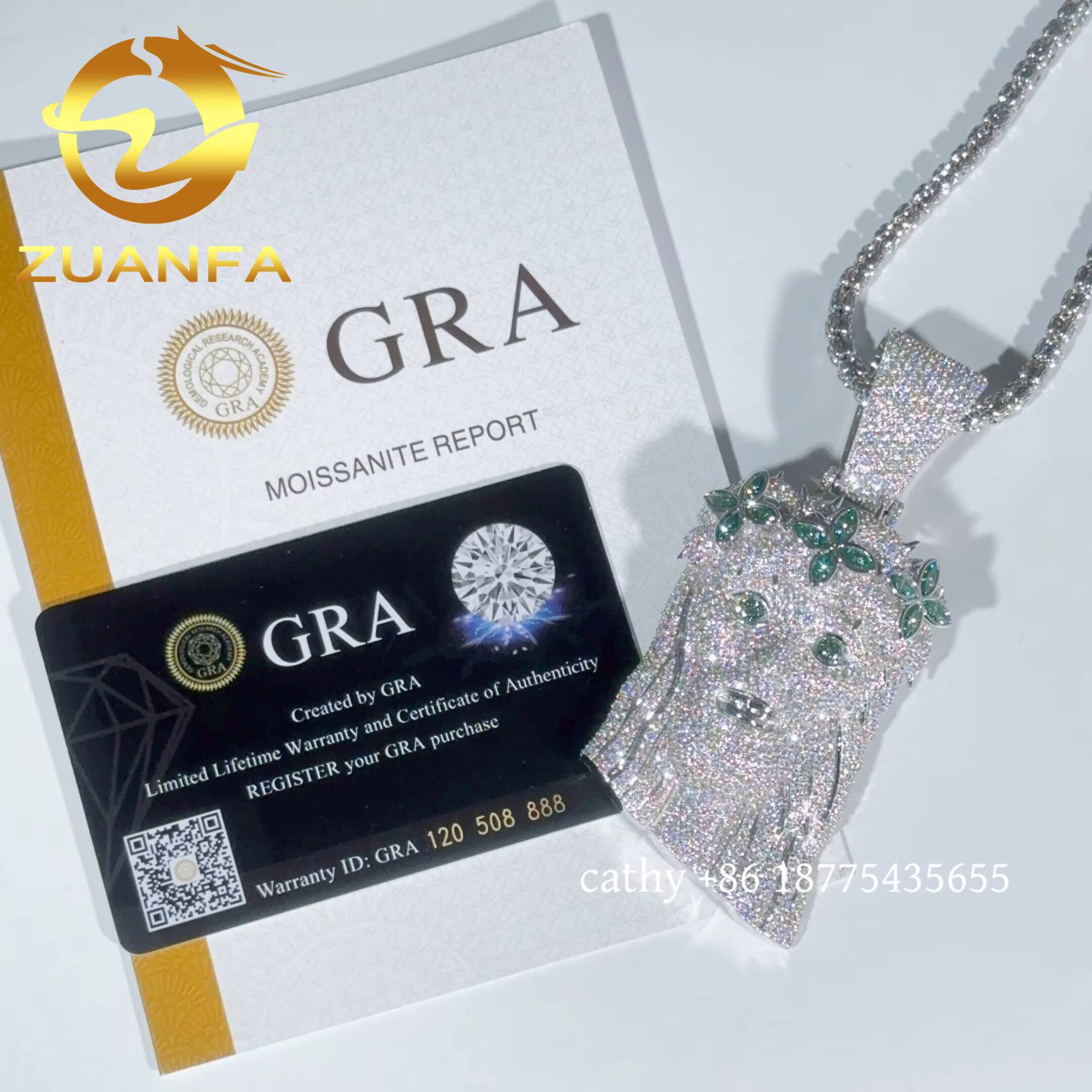 Fashion Jewelry Blue Green Moissanite Diamond Jesus Head Iced Out Custom Pendant 925 Silver Moissanite Hip Hop Head Pendant