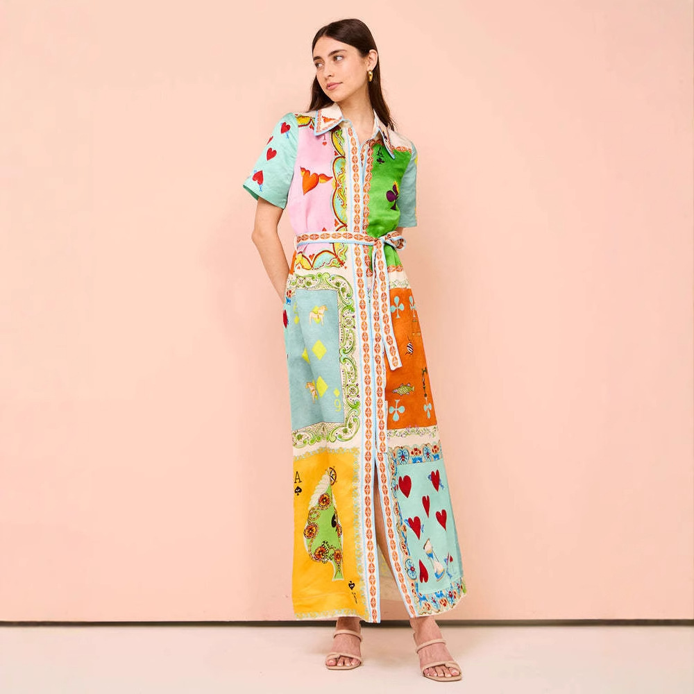 2025 Spring New Womens Fashion Elegant Printed Cardigan Lapel Tie Dress