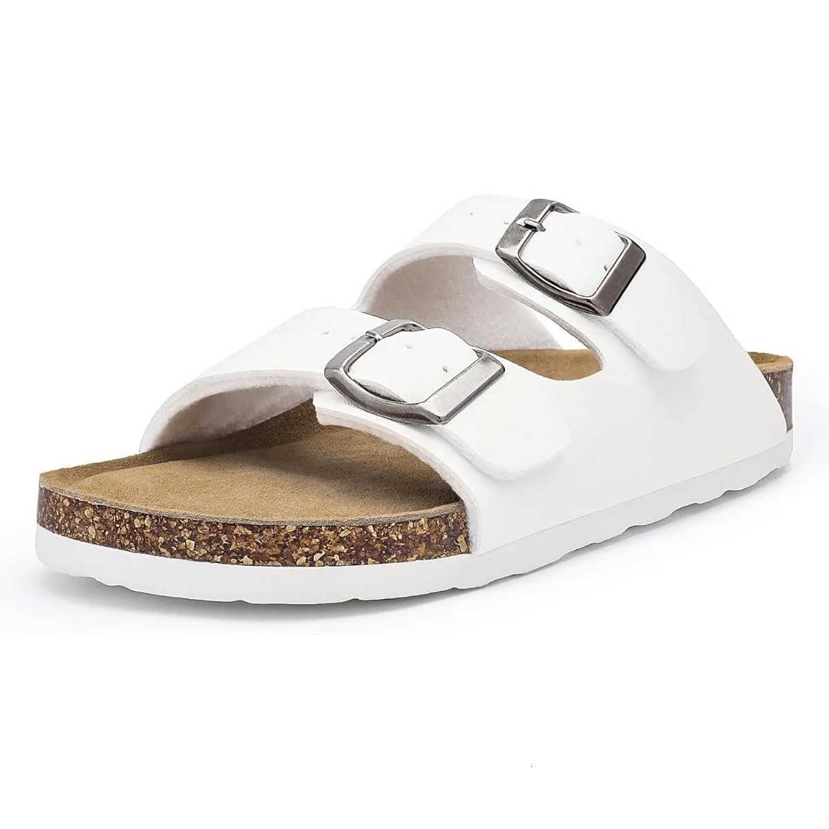 Womens Flat Sandals Cork Footbed Slide Sandals Arch Support Slip on Slides with Adjustable Buckle W250905
