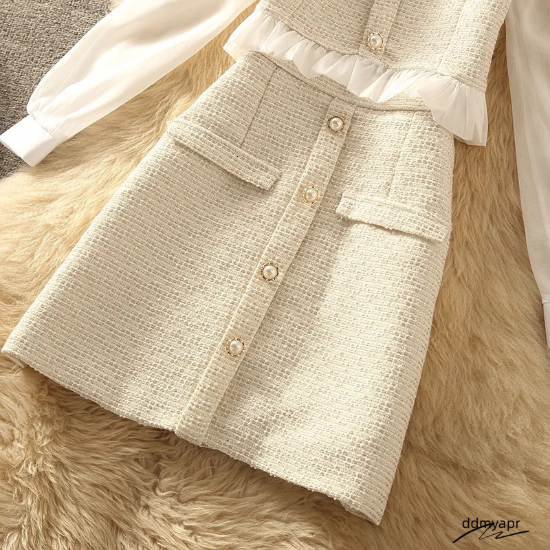 Dress High Quality Autumn Elegant ddmyday Fashion Small Fragrance 2 Piece Set Women Shirt Top Tweed Skirt Suits Korean Sweet Two Peice Sets 231129