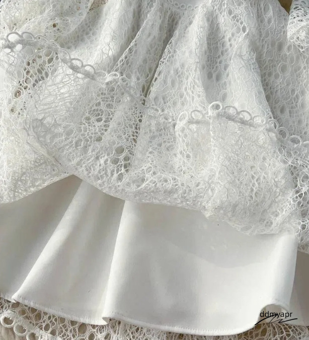 Summer Casual Dresses Vintage Flower Embroidery Hollow Out Lace White Dress Womens Stand ddmyday Collar Long Lantern Sleeve Pearls Buttons Party Vesti