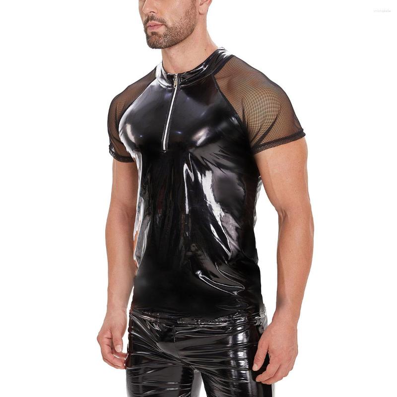 Men's T Shirts Short-sleeved Soft Patent Leather T-shirt Stand Collar Bright PVC Stretch Tight Close-fitting Top For Men