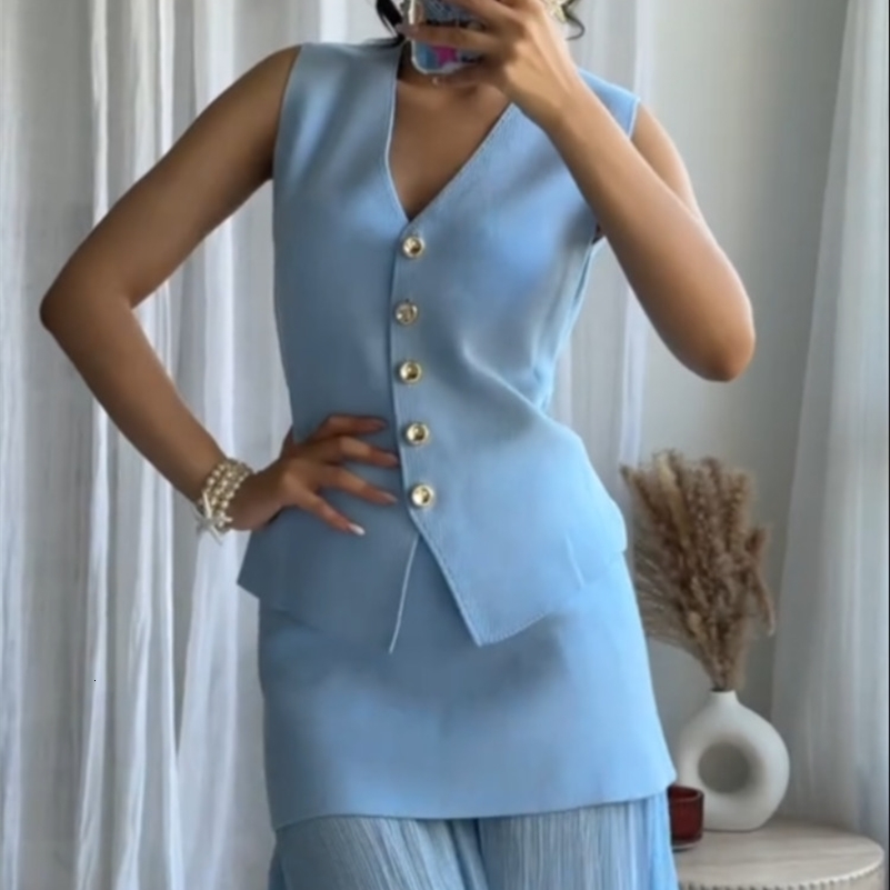 Knitted Casual Tank Top Pleated Skirt Sets Women Single Breasted Vneck Sleeveless Vest Patchwork Skirts Suits 2025 Summer Chic 250905