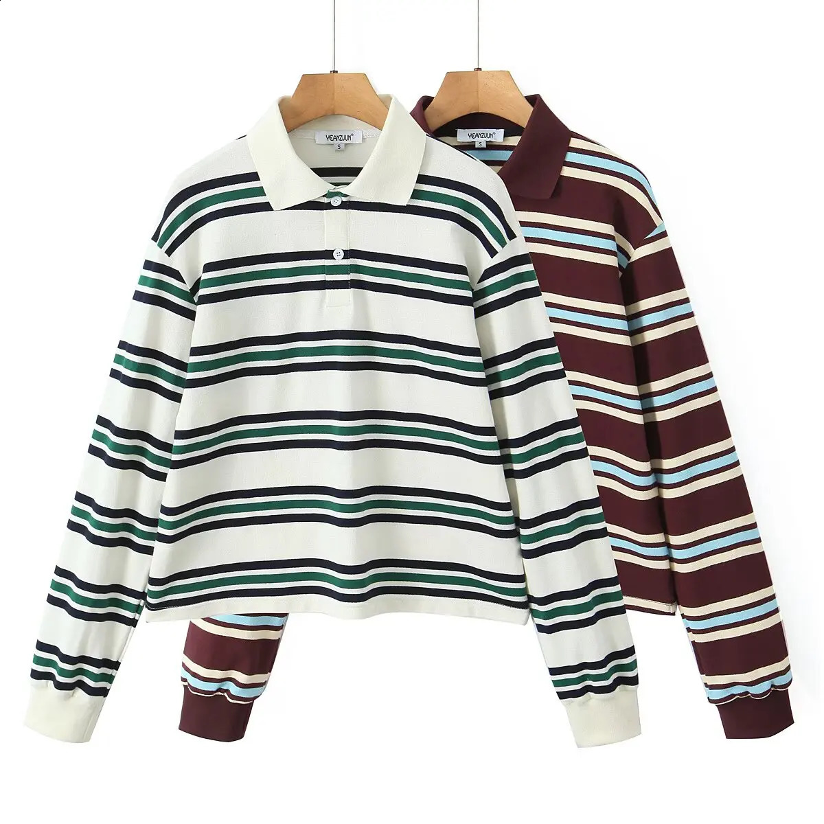 Summer Ladies Polo Shirts Woman Long Sleeve Crop Top Striped Vintage Clothes Mujer Streetwear Casual Tops Brown 250905