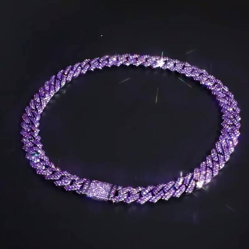 Hip Hop Jewelry 14mm Cuban Link Prong Diamond Chain Necklace and Bracelet Purple Stone