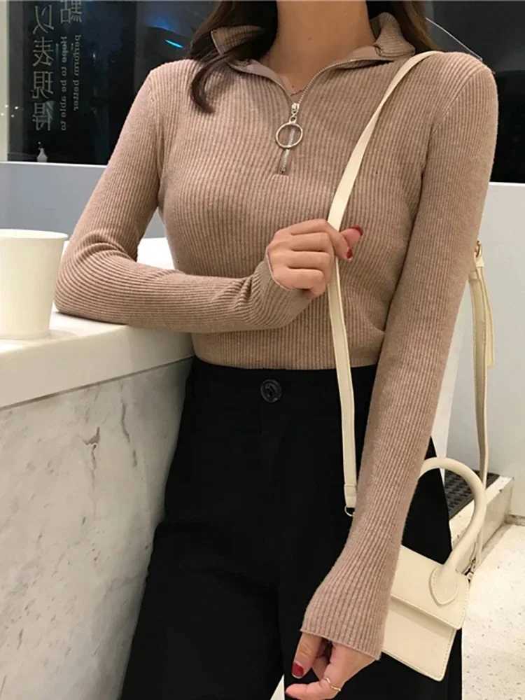 2025 Korea Knitted Women Zipper High Neck Sweater Pullovers Turtleneck Autumn Winter Basic Women Sweaters Slim Fit Pull Femme Z250905