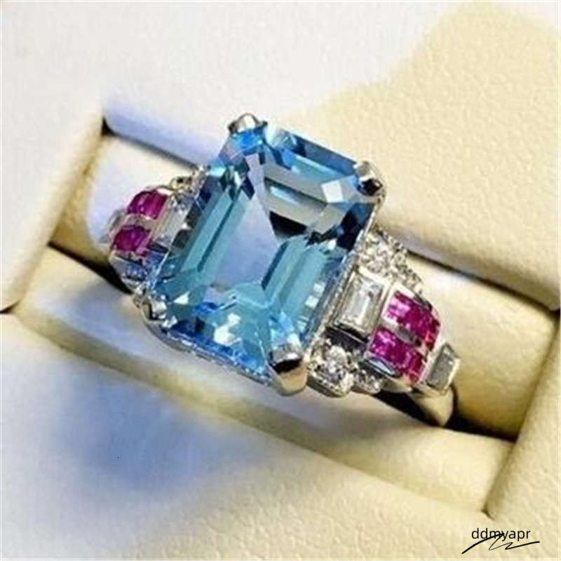 Size 6-10 Top Sell Jewelry Sterling Sier Aquamarine CZ Ddmydec Dia Gemstones Ruby Party Women Wedding Engagement Band Ring Gift