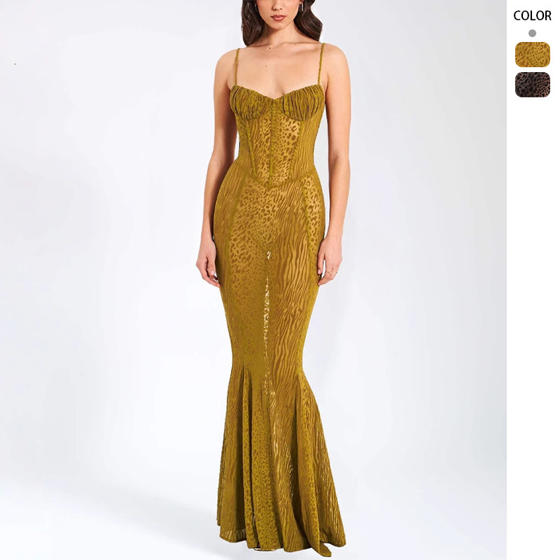 2025 Summer New American Style Womens Super Sexy Leopard Print LowCut Sheer Slim Strap Dress