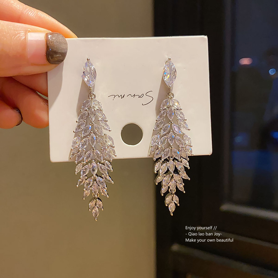 Silver Tone Leaf-Shaped Crystal Tassel Earrings With Layered Dangle Design Elegant Sparkling Style Party & Wedding Occasion Wear Gift For Her Luxe Sta