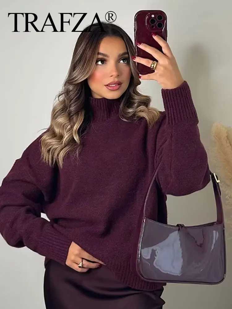TRAFZA Women Vintage Burgundy Turtleneck Sweater Casual Long Sleeve Knitted Pullover Autumn Winter Women Solid Warm Knitwear Z250905