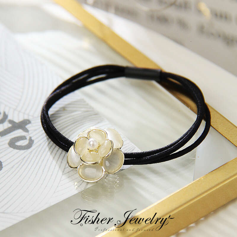 DHcollections 2025 Cat Eye Retro Camellia Alloy Hair Tie, Girls' Hair Rope for Ponytails/Buns, Cat Eye-White Tea Lady/Cat Eye-Three-Layer Rubber 