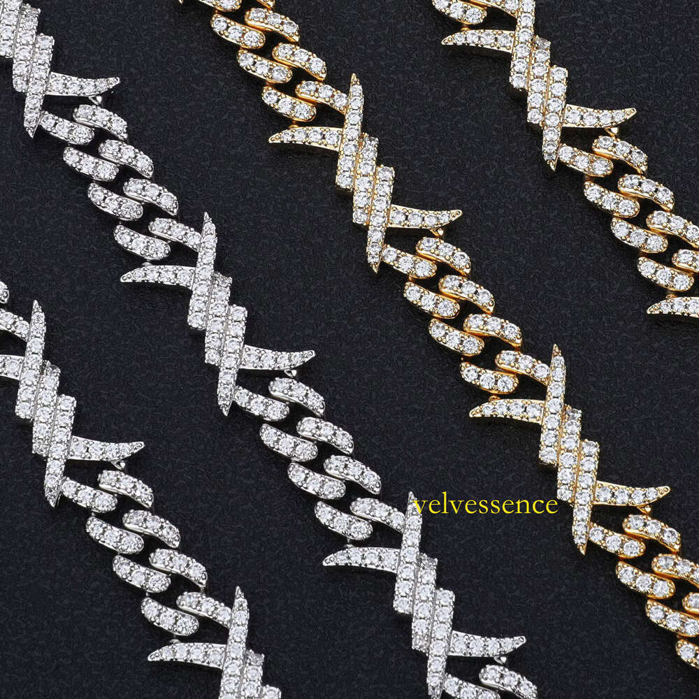10mm Hip Hop Punk Sterling Sier Iced Out Barbed Wire Knot Thorn Moissanite Cuban Link Chain