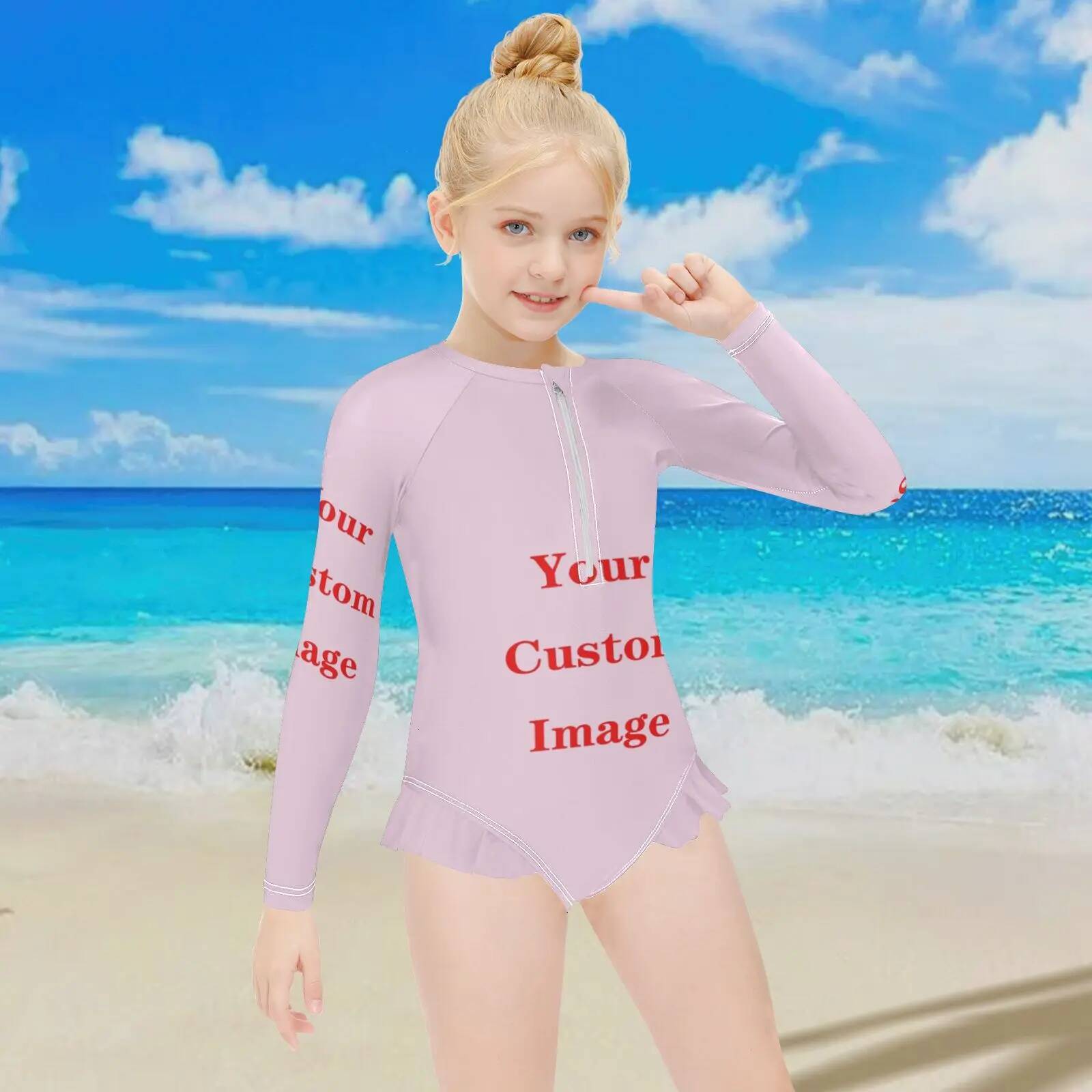 Swimwea Customized Image Unicorn One-Piece Girls Swimwear for 3-12 Years Girls' long-sleeved one-piece swimsuit