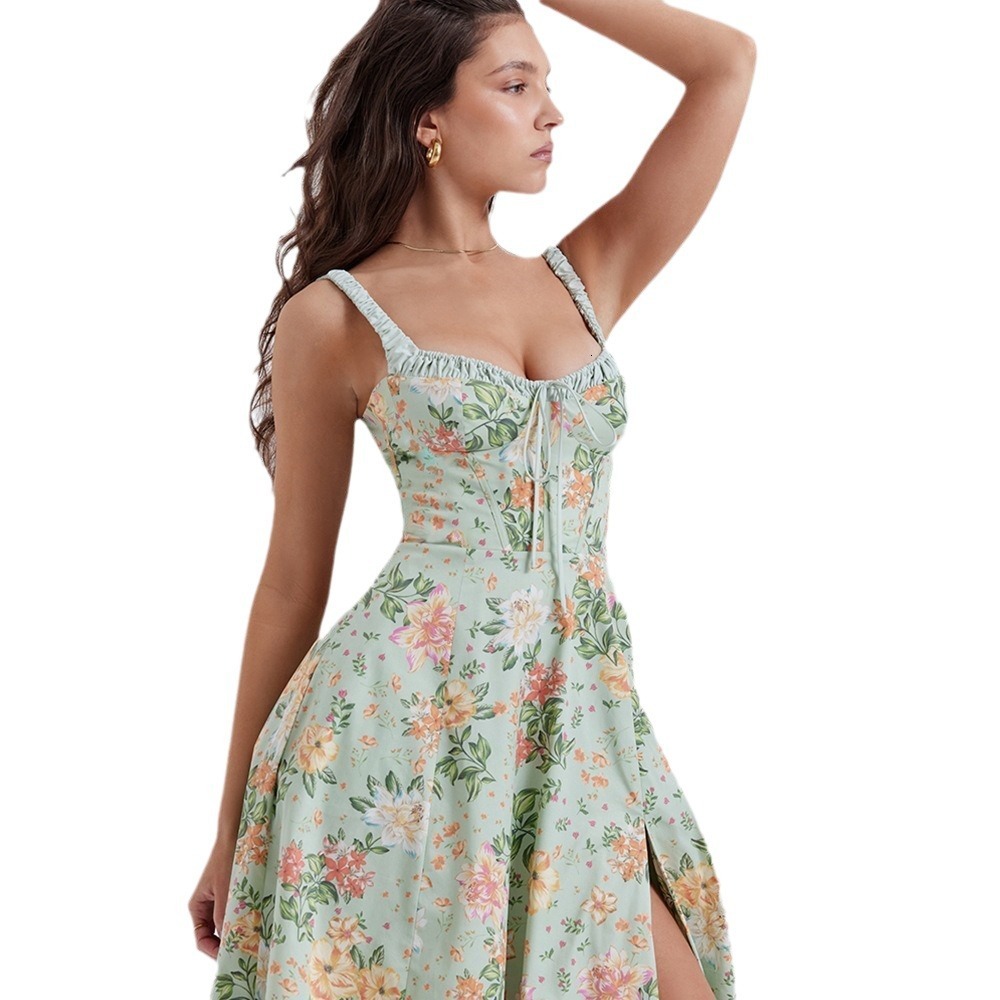 Womens Fashion 2024 Spring Summer New Sexy Strap Spliced Printed Tie Big Hem Dress