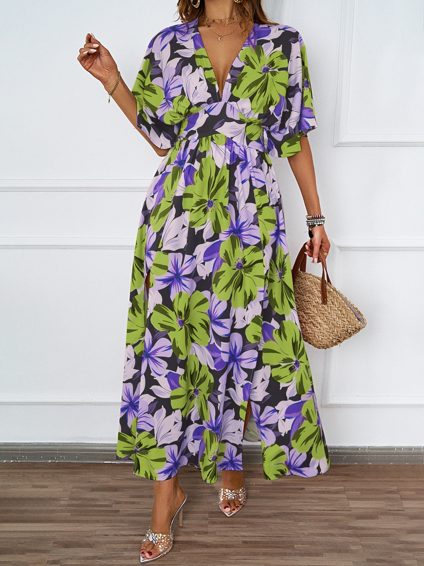 Summer New Floral Print Long Dress Elastic Waist VNeck Short Sleeve Dress for Women