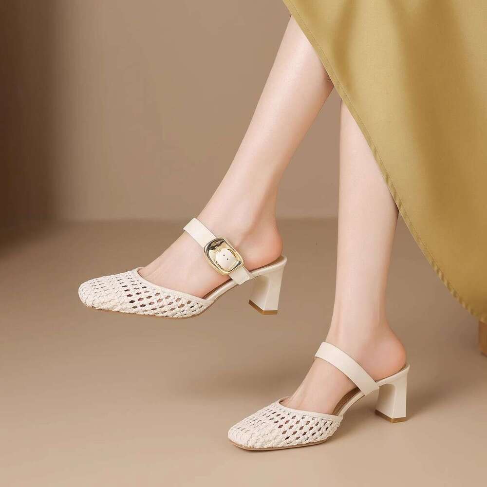 Women's Summer Outdoor Slippers 025 New Woven Sheepskin Squ High Heels Thick Heel Hole Closed Toe Sandals