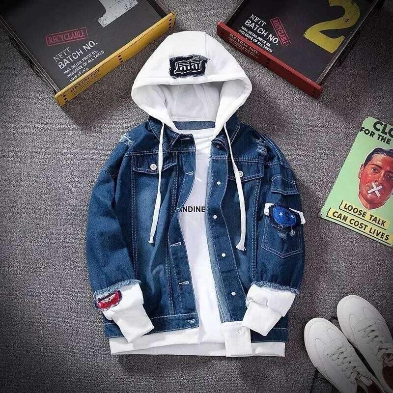 Customizable Men Denim Jacket Streetwear Hip Hop Men's Hooded Jean Jackets Male Casual Loose Outerwear Fashion Slim Fit Coat