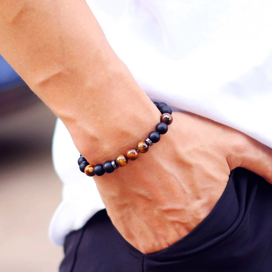 Noter Handmade Mens Bracelet 8mm Onyx Tiger Eyes Stone Beaded Braclet Hematite Healing Braslet Cadeau Homme Leisure Accessories 250905