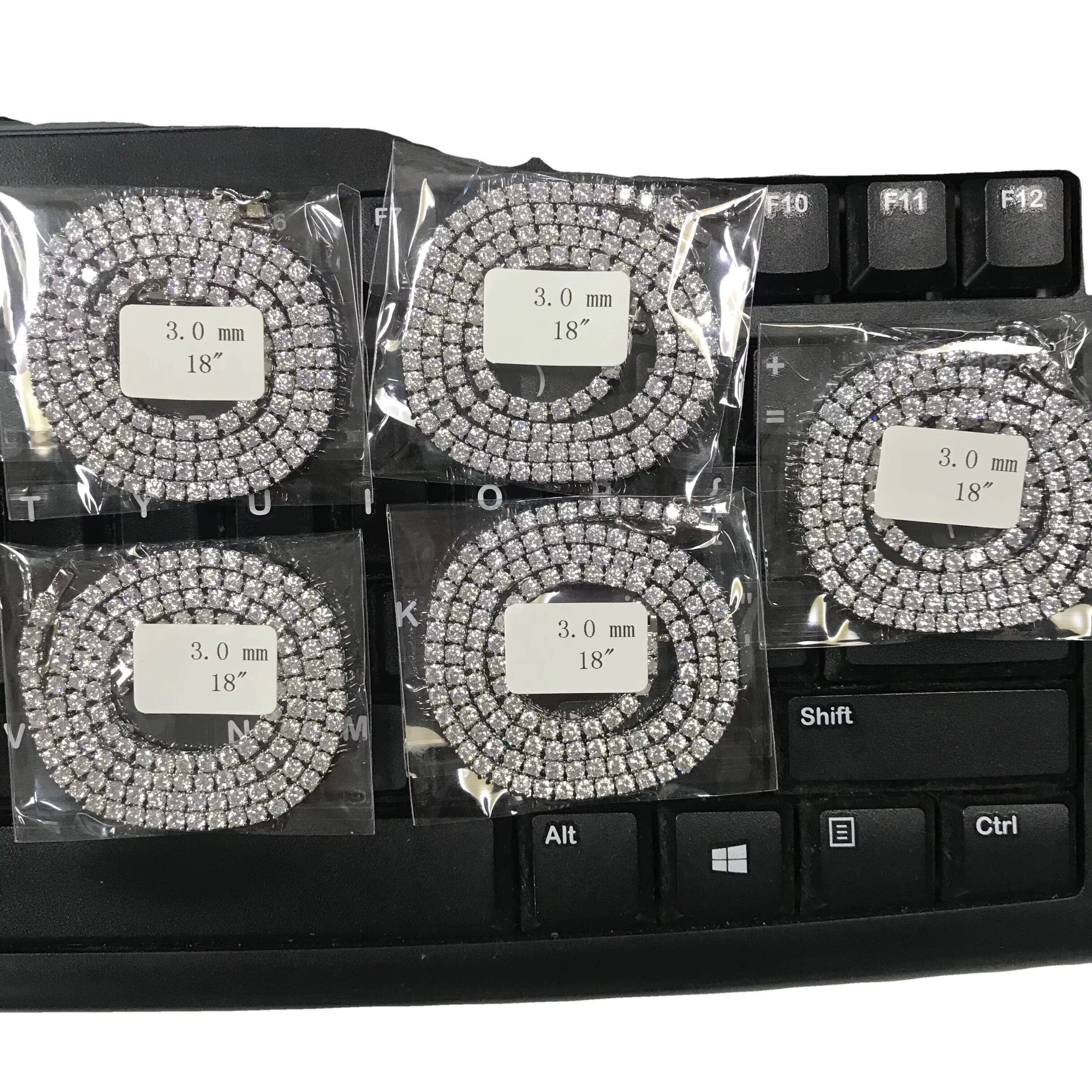 Custom Hip Hop Tennis Necklace Jewelry 925 Sterling Silver White Gold Plated 3mm Moissanite Diamond Tennis Chain