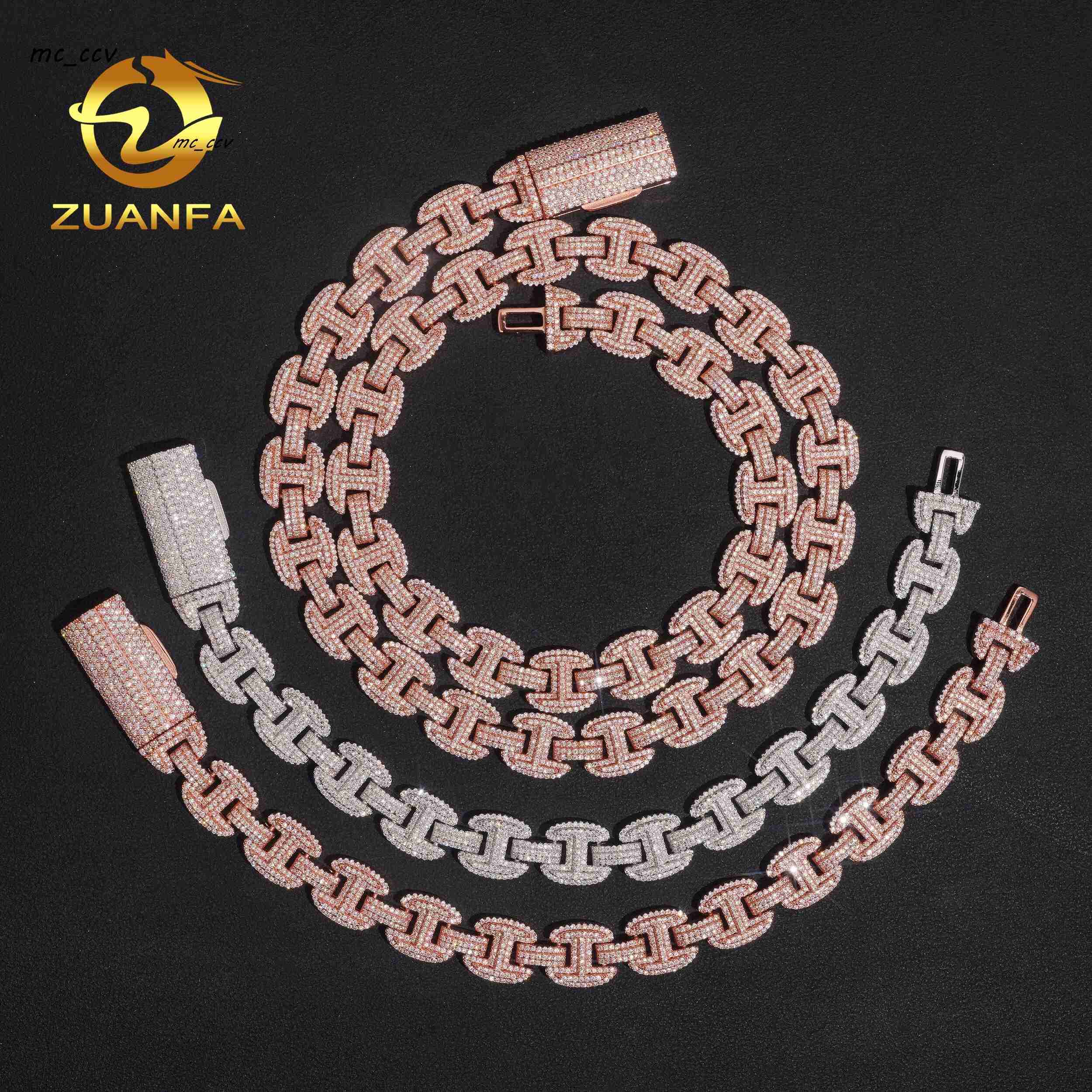 New Arrival Hip Hop Style Iced Out Jewelry 12mm Rose Gold 925 Sterling Silver Moissanite Cuban Link Chain