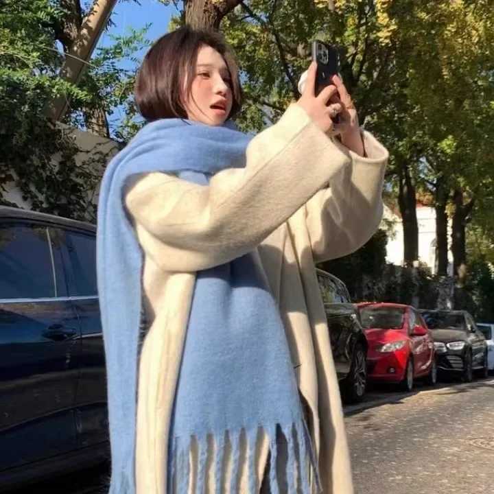 1PC Solid Color Imitation Wool Scarf Women Luxury Thick Shl Wrs Winter Warm Long Tassel Hijab Foulard Femme Scarves 23037cmXJ250905