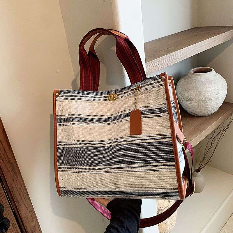 Haruku Canvas For Women's 2024 New Fashion Stripe Handheld Shoulder With Large Capacity Commuting Tote Bag