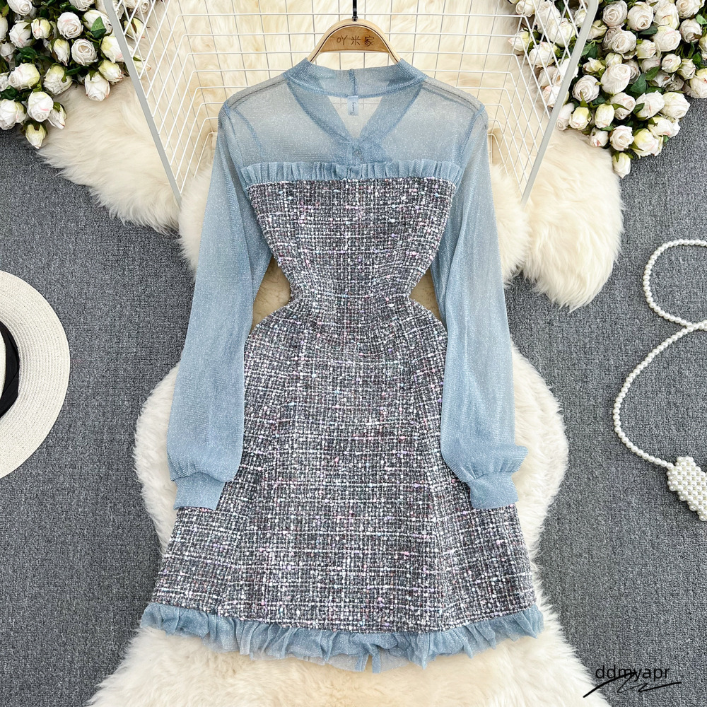 Casual Dresses Elegant Lady Small Fragrance Temperament Ribbon Bow Collar Soft Ruffle Patchwork Tweed Plaid Woolen Ddmydec Buttons Autumn