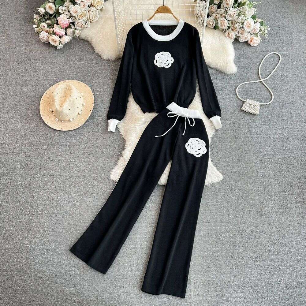 Women's Knitted Sets Tracksuit Pants Suits Autumn New Long Sleeve Flower Pullover Sweater + Wide Leg Pants Casual Two-piece Sets
