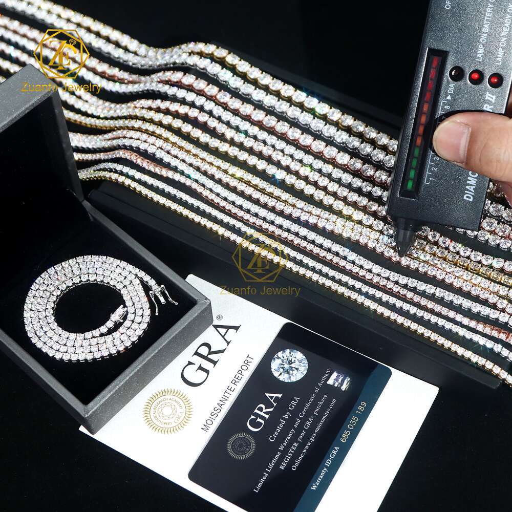 Best Wholesale Price Sier White Gold Plated Tennis Chain VVS Dia Iced Moissanite Necklace 2mm 3mm 4mm Hip Hop