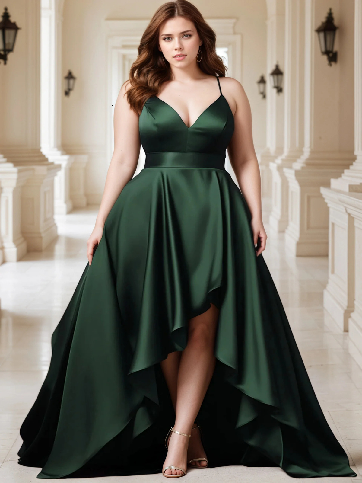 Women Plus Size Wedding Guest Evening Dress Spaghetti Strap Dark Green Satin Deep V Neck High Low Hem Elegant Cami Maxi 250905